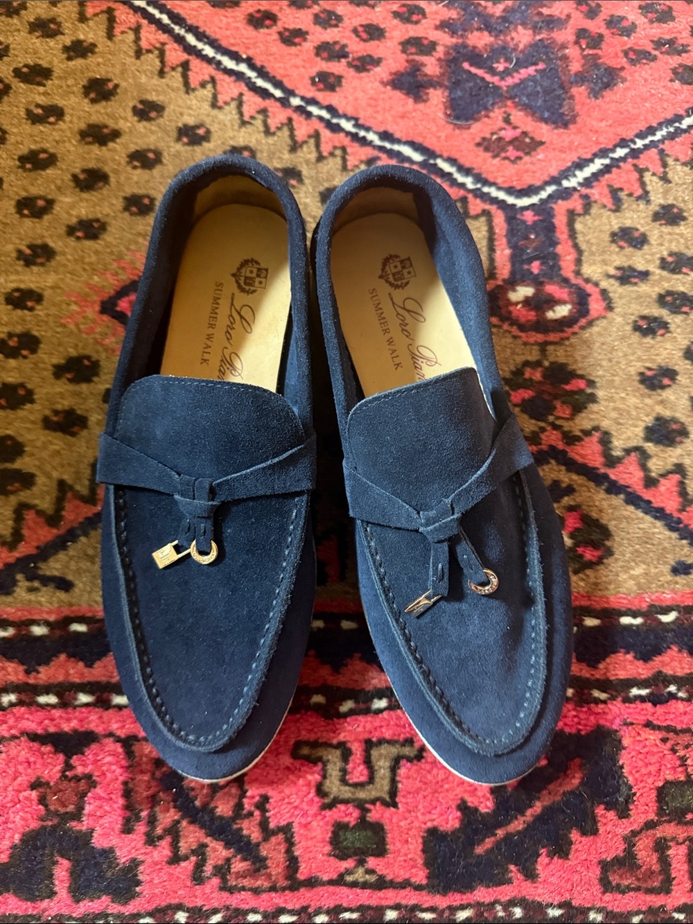 LORO PIANA Summer Walk Gold charm Blue Suede Loafers
